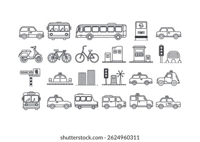 Vector Line Icons of Various Transportation and Urban Elements