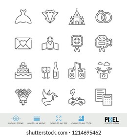 Vector Line Icons Wedding Related Set. Marriage Linear Symbols. Pixel Perfect Design. Editable Stroke. Adjust Line Weight. Expand to Any Size. Change to Any Color.