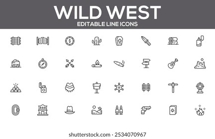 Vector Line Icons of Wild West Elements - Fully Editable Design Icons