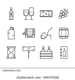 Vector line icons with wine and winemaking symbols. Icons of bottle, cheese and barrel, jug, corkscrew, wine list and other.