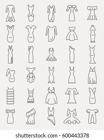 Vector line icons of women clothing dresses