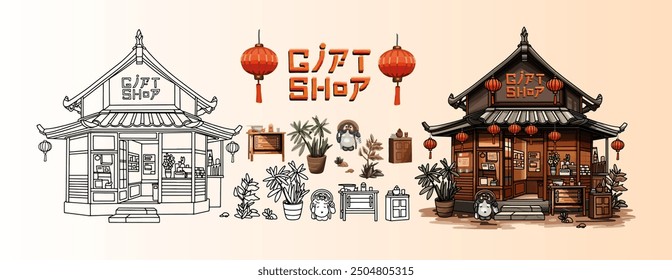 Vector line illustration, assemble and color game, Japanese and Chinese architecture, souvenir shop