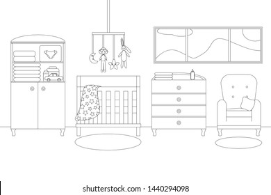 Vector Line Illustration of Baby Boy's Room with Furniture. White and Black Outline Sketch of Home Related. Vector Modern Interior Design in Line Art Style. Children's Bedroom with Window, Armchair