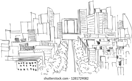 Vector line illustration of a big city. Architectural sketch
