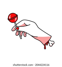 Vektorlinienillustration. Blutung mit einem Knochen. Hand, die einen Lollipop hält. Tattoo Art. Rot, Rosa, Weiß und Schwarz. Ingwer mit roten Nägeln. Halloween-Party
