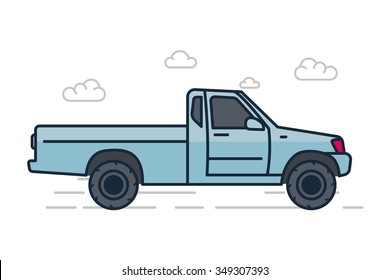 Vector Line Illustration Of Blue Pick Up Car Icon, Symbol