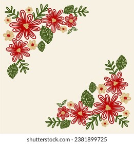 vector in line illustration of bouquet of embroidered flowers and leaves in red and green colors beige background