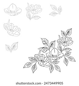 Ilustración de línea de Vector de ramo de flores y hojas y flores y hojas aisladas en color negro con fondo blanco