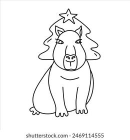 Vector line illustration of a capybara in funny hat.