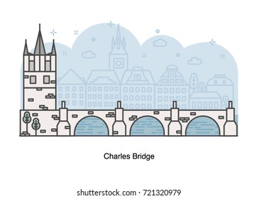 Vector line illustration of Charles Bridge, Prague, Czech Republic.