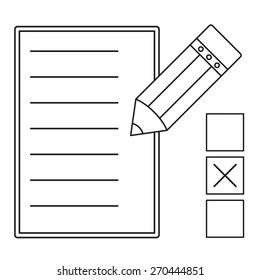Vector line illustration check mark symbol on checklist with pencil  on white background