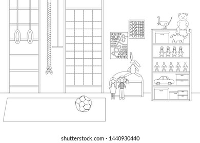 Vector Line Illustration of Children's Game Room. White and Black Outline Sketch of Kindergarten Room with Sport Equipment and Toys. Modern Interior Design in Line Art Style. Concept of Kids Playroom