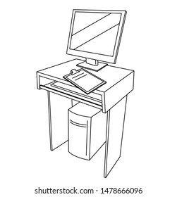 vector line illustration of a computer and a working desk, maybe in the hospital or clinic.