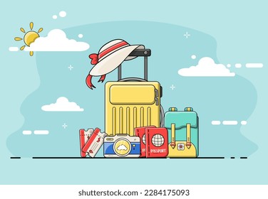 Vector line illustration
concept for travel and tourism for summer
luggage planes and passport for making advertising travel media