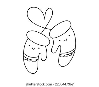 Vector line illustration couple of warm knitted happy smilling mittens love design. Pair of cute patterned elements for winter design. Comfort and warm concept. Doodle style.