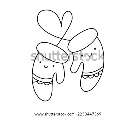 Vector line illustration couple of warm knitted happy smilling mittens love design. Pair of cute patterned elements for winter design. Comfort and warm concept. Doodle style.