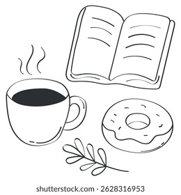 Vector line illustration of cozy morning scene with cup of coffee, open book, donut. Perfect for themes related to self care, reading time, slow mornings or coffee breaks