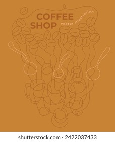 Vector line illustration of cups of coffee. Coffee lovers print design. Coffee shop poster template. Banner concept of coffee cupping flyer tea tasting idea. Imprint label. Linear drawings.