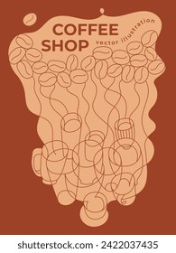 Ilustración vectorial de tazas de café. Los amantes del café imprimen diseño. Plantilla de afiches para la cafetería. El concepto de pancarta de la idea de degustación de té de panecillos de café. Marca de impresión. Dibujos lineales.