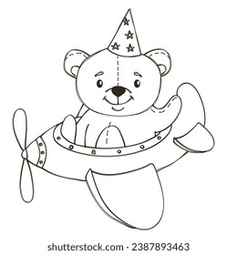 Vector line illustration. Cute bear flying an airplane, bear is a pilot. Hand drawn illustration with felt-tip pen
