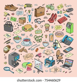 Vector line illustration of day set. Handmade color sketch with day and business lunch objects in pink background. Drawing icons with lunch, office, money, fist bump, handshake and more symbols.