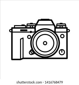 Vector line illustration of a digital mirrorless camera.  Front View.