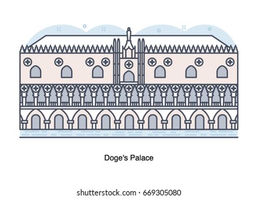 Vector line illustration of Doge's Palace, Venice, Italy.