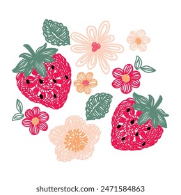 vector line illustration of embroidered strawberry flowers and green leaves in salmon and green colors with white background