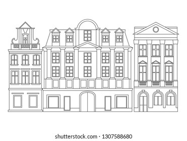 Vector line illustration of European cozy historical buildings. Line monochrome art.