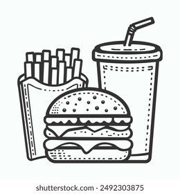 Vector line illustration of fast food. Hamburger icon with fries and sodas Restaurant concept. Isolated .