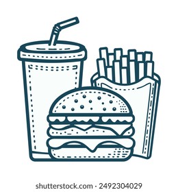 Vector line illustration of fast food. Hamburger icon with fries and sodas Restaurant concept. Isolate