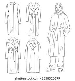 Vector line illustration of a female fashion model wearing a stylish coat. Collection of women's coats and jackets.