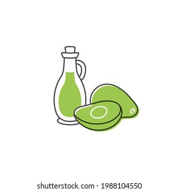 Vector line illustration flask of avocado oil. Avocado oil bottle .