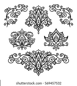 vector, line, illustration, flower, lotus, set, oriental style, doodle, tattoo