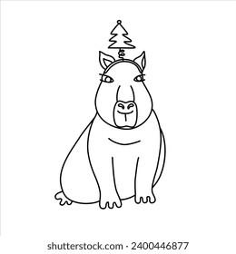 Vector line illustration of a funny capybara in a christmas tree headband. 