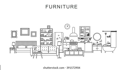 Vector line illustration of furniture and home decoration.