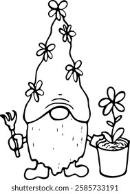 Vector line illustration of a garden gnome with a rake and a flower in a pot isolated on a white background.