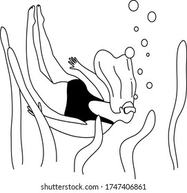 Ilustración de la línea del vector. Ilustración del submarinismo femenino. Dibujo de línea negra. Niña nada en el mar, océano. Mujer con pelo largo en el agua. blanco y negro. Burbujas de aire en el agua.