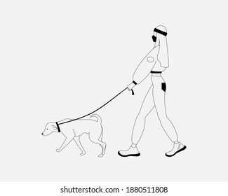 Vector line illustration of a girl with her dog. Girl is walking with medical mask in street.