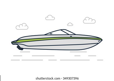 Vector Line Illustration Of Gray Speed Boat Icon, Symbol