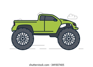 Vector Line Illustration of Green Monster Truck icon, symbol