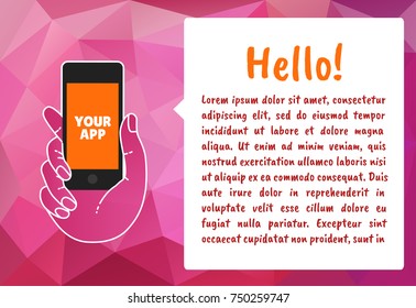 Vector line illustration of hand keeping a mobile phone. 