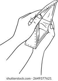Vektorgrafik der Hände, die eine leere Brieftasche öffnen, die finanzielle Probleme, Armut oder ein Bankrott symbolisiert. Einfache schwarz-weiße Umrisse für Wirtschafts-, Schulden- oder Haushaltskonzepte.