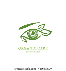 Vector line illustration of human eye with green leaves. Abstract logo, label or emblem design element. Concept for optical, glasses shop, oculist, ophthalmology, makeup. Natural organic eye care. 