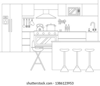 Vector Line Illustration of Interior of Kitchen with Furniture and Appliances. Whire and Black Outline Sketch of Home Related. Vector Design in Line Art Style. Design of Modern Interior of Kitchen