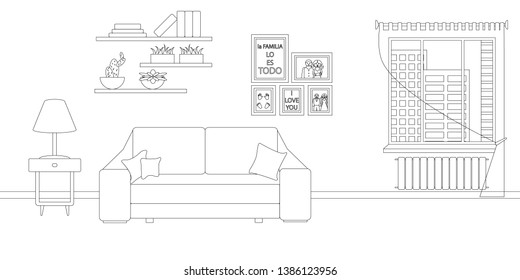 Vector Line Illustration of Interior of Living Room with Furniture. Whire and Black Outline Sketch of Home Related. Phrase in Spanish in Illustration means that family is everything