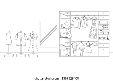 Vector Line Illustration of Interior of Wardrobe with Mannequins. White and Black Outline Sketch of Home Related. Vector Design in Line Art Style. Design of Modern Interior of Walking Wardrobe