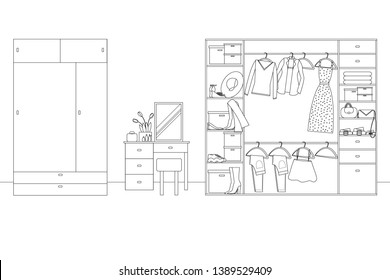 Vector Line Illustration of Interior of Wardrobe with Furniture. White and Black Outline Sketch of Home Related. Vector Design in Line Art Style. Design of Modern Interior of Walking Wardrobe