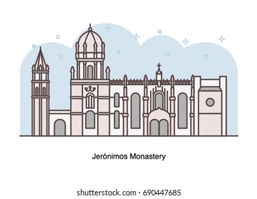 Vector line illustration of Jeronimos Monastery (Hieronymites Monastery), Lisbon, Portugal.