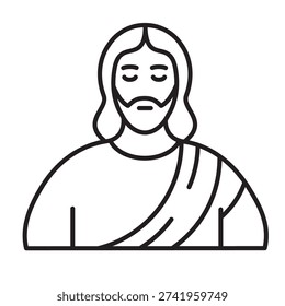 Vector line illustration of Jesus Christ with beard and long hair. Religious icon for Easter, Christmas, and church design. Minimalist symbol of savior, Messiah, and faith with editable stroke.